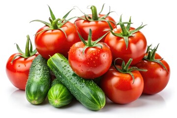 Night Photography: Isolated Tomatoes and Cucumbers, Vibrant Still Life, White Background, Food Photography, Vegetable Images