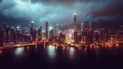 Fototapeta premium Night Cityscape Illuminated Skyline Urban Architecture Modern City at Night
