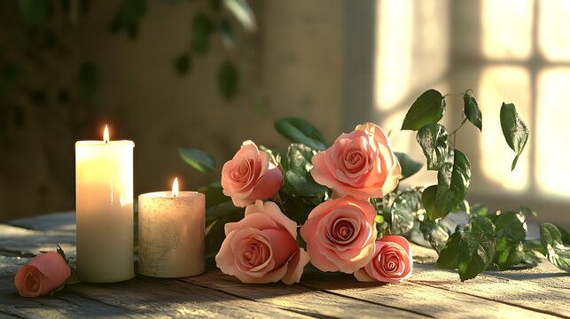 A romantic setting with a bouquet of roses and soft candles