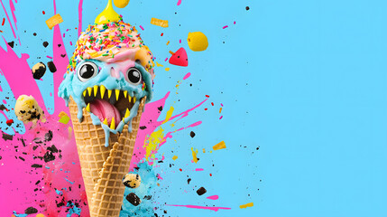 vibrant pop art style monster ice cream cone with colorful sprinkles and playful expression, set...