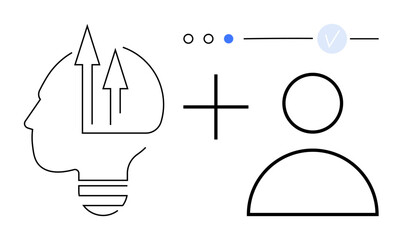 Human head with arrows symbolizing growth, user icon, plus sign, progress dots, and check mark indicating accomplishments. Ideal for innovation, creativity, progress tracking, user management goal