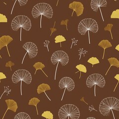 Obraz premium art wallpaper. golden, brown, yellow, turquoise and gray ginkgo biloba leaves, feathers. In drawing on gray light background with golden wavy lines