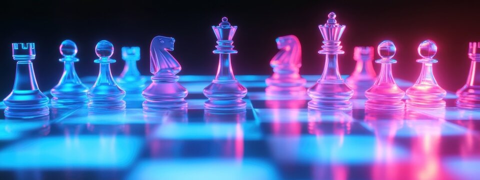 Neon Chessboard Battle, a vibrant chess set illuminated by glowing pieces, creating a captivating and energetic atmosphere