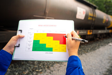 Action of a worker is perform safety risk assessment in the color matrix form for crude oil freight tanker train transportation. Industrial and business working scene, close-up with selective focus.