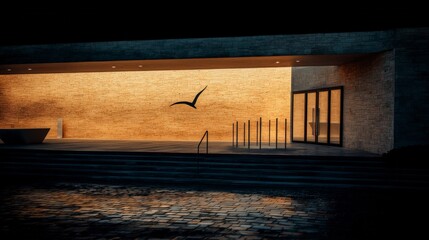 Modern Building Entrance  Night  Stone Wall  Minimalist Architecture  Bird Silhouette