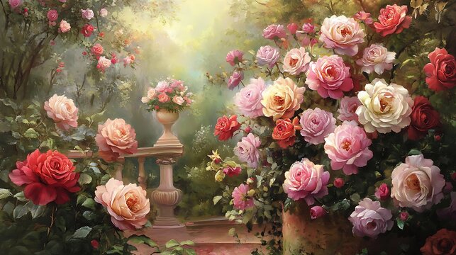 A bouquet of roses in a charming garden setting