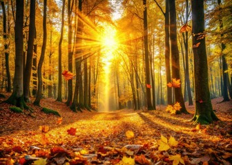 Golden hour bathes a serene autumn forest, leaves falling in sunlit splendor.
