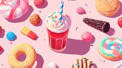 Sugar Overload, a vibrant illustration highlighting the dangers of excessive sugar consumption through an array of candies, soda, and pastries