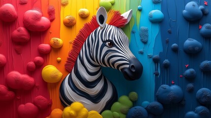 Fototapeta premium Vibrant Zebra Head Sculpture Against a Colorful Background
