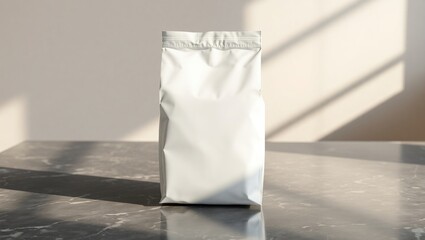 White Stand Up Pouch on Marble Surface