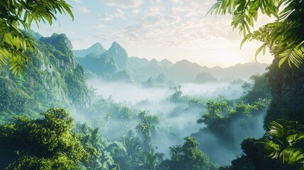 Generate a calm and serene nature-inspired AI background with lush greenery, misty mountains, and gentle skies for a peaceful vibe   
