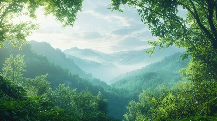 Generate a calm and serene nature-inspired AI background with lush greenery, misty mountains, and gentle skies for a peaceful vibe   
