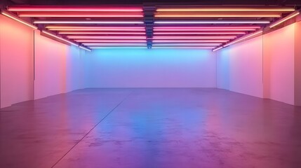 Large room with concrete floors and walls painted in vibrant shades of pink, purple, and blue, illuminated by neon orange ceiling lights, creating a minimalistic, studio-lit space with a hyper-realist
