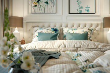 Apartments Master Bedroom with Chic Designs, White Walls, Beautiful Pillows, and Stylish Lamps