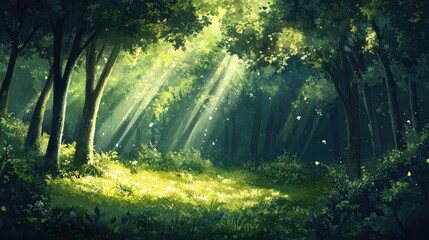 Obraz premium Sunlit Forest Oasis, vibrant greenery enveloped in warm light, tranquil atmosphere, nature's beauty on full display, serene woodland escape