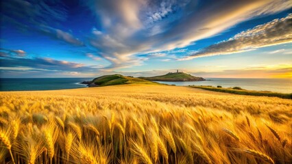 Obraz premium Golden hour bathes Ballycotton's wheat field in sunlight, a dramatic Irish coastal scene.