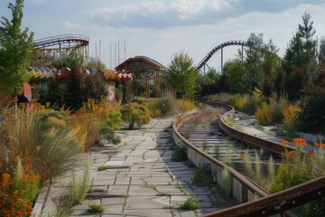 Fototapeta premium A deserted amusement park scene with overgrown vegetation and abandoned tracks.