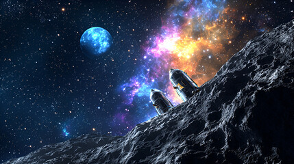 Fototapeta premium Futuristic structures on an asteroid against a vibrant nebula and planet backdrop.