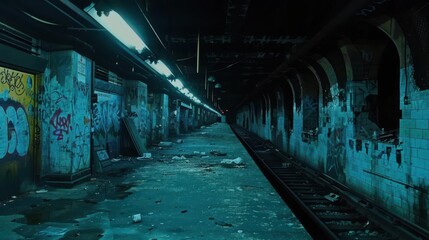 Fototapeta premium A desolate subway station with graffiti and debris, evoking an eerie, abandoned atmosphere.