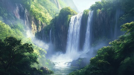 Fototapeta premium Majestic waterfall cascading through vibrant greenery, a serene natural oasis inviting tranquility and wonder.