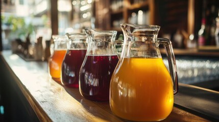 a row of pitchers of juice on a bar