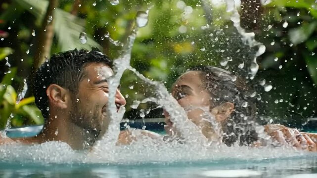 Couple Enjoying Joyful Moment in Tropical Jacuzzi