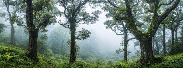 Misty Forest of Ancient Trees, enveloped in ethereal fog, towering trunks create a serene, mystical atmosphere, inviting exploration and wonder