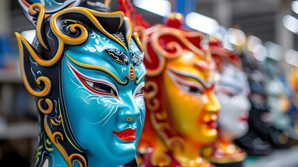 Fototapeta premium Close-up view of intricately painted Asian masks, likely part of a collection.