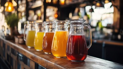 a row of different colored drinks on a bar