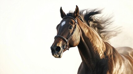 Fototapeta premium Majestic Brown Horse Galloping Freely with Fluffy Mane Against a Soft Background, Capturing the Power and Grace of Equine Movement in a Stunning Image