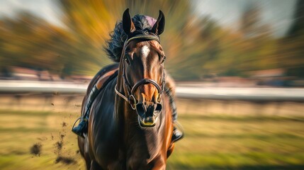 Obraz premium Majestic Horse Galloping with Intensity Across a Blurred Field, Showcasing Power, Speed, and Grace in a Stunning Outdoor Setting During a Bright Daylight Scene
