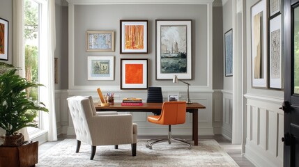 A modern home office with artwork, a desk, and a cozy chair.