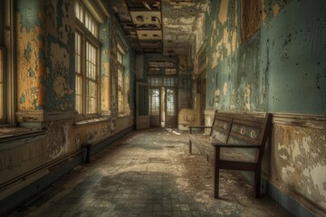 Obraz premium A dilapidated hallway with peeling paint and a solitary bench, evoking a sense of abandonment.