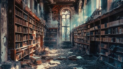 A dilapidated library filled with dust and debris, showcasing forgotten knowledge and decay.