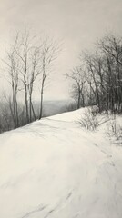Obraz premium Serene Snow-Covered Landscape at Dusk with Soft Shadows and Bare Trees in a Tranquil Atmosphere