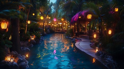Obraz premium Night scene of a tropical lagoon with illuminated pathway, lush vegetation, and charming huts.