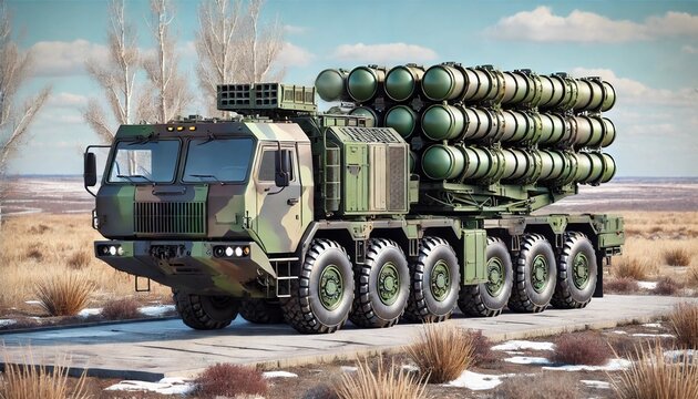military vehicle with large missiles mounted on a mobile launcher in a training or testing area.