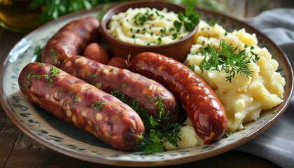 Delicious Sausage Dish with Creamy Mashed Potatoes and Fresh Herbs on Wooden Table