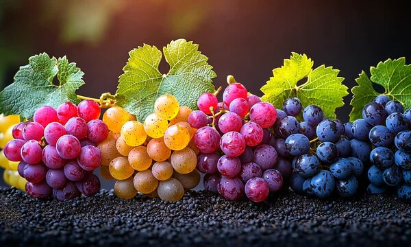 A vibrant display of various grape varieties with leaves on a textured surface.