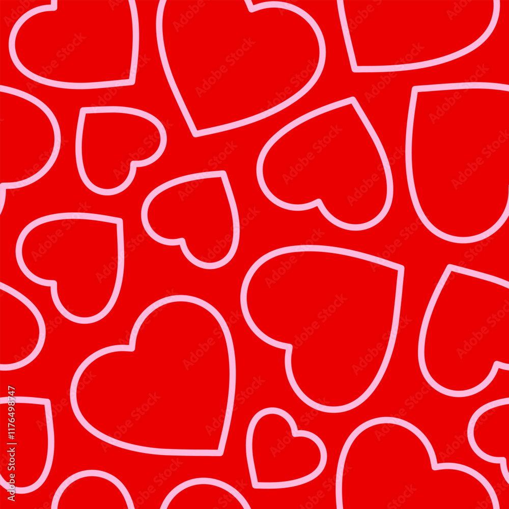 Poster minimalistic romantic seamless pattern of linear hearts on a red background. trendy vector illustrat