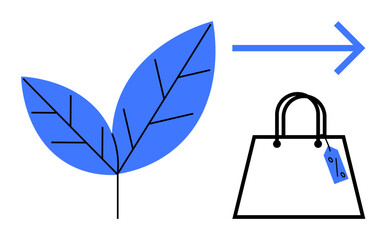 Blue leaf accompanied by an arrow pointing to a shopping bag with a tag. Ideal for eco-conscious shopping, sustainability, green products, eco-friendly brands, environmentally aware consumers, waste