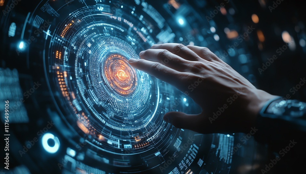 Poster futuristic hand interacting with a digital holographic globe showing numerical data, on a dark blue 