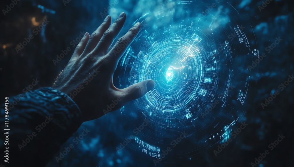 Poster futuristic hand interacting with a digital holographic globe showing numerical data, on a dark blue 