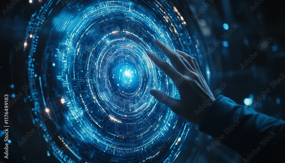 Aufkleber futuristic hand interacting with a digital holographic globe showing numerical data, on a dark blue 