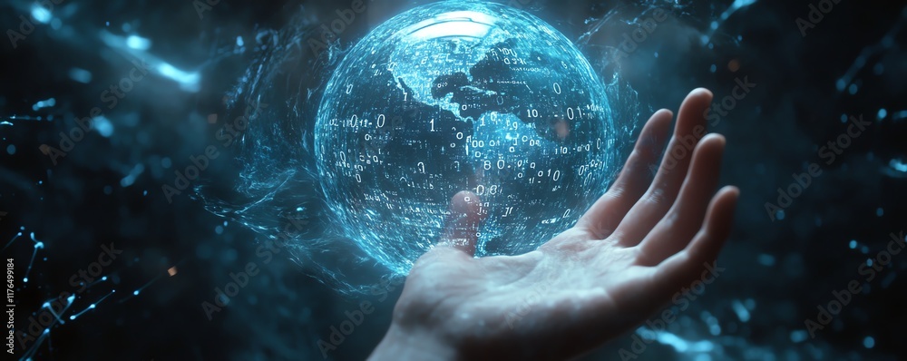 Aufkleber Futuristic hand interacting with a digital holographic globe showing numerical data, on a dark blue background, illustrating the concept of global digital connectivity