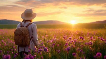 Fototapeta premium A serene scene of a person in a hat walking through a vibrant flower field at sunset, evoking tranquility and nature's beauty.