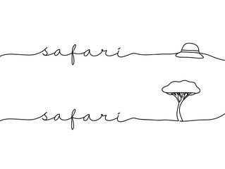 Safari monoline text. One line continuous concept safari holiday banner. Line art safari short phrases word illustration. © rahayu