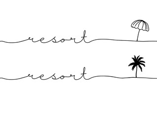 Resort monoline text. One line continuous concept resort holiday banner. Line art resort short phrases word illustration.