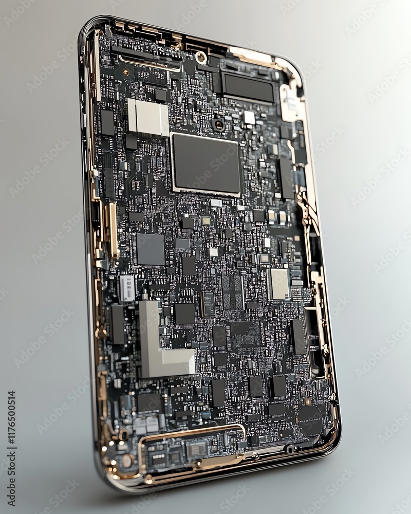 Poster Mobile phone CPU and electronic chip from a disassembled device, with clear focus on the processor, ideal for tech maintenance and repair illustrations