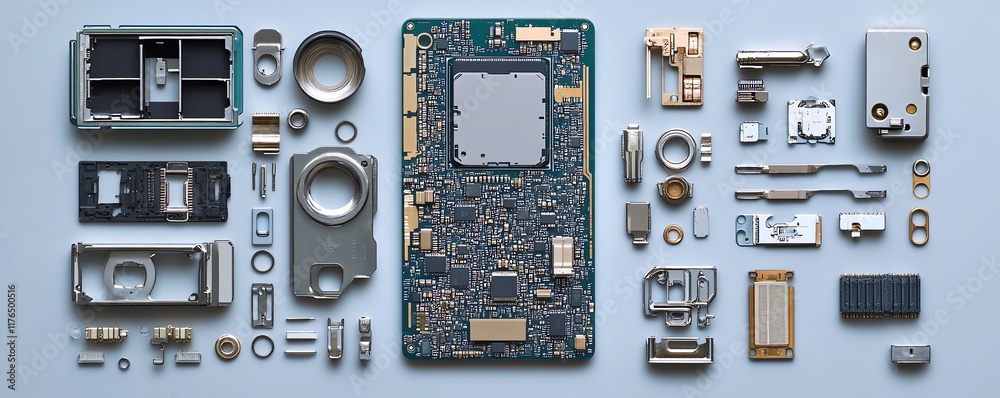 Poster Mobile phone disassembled showing the processor and electronic chip, emphasizing the internal components for technologythemed ads and repair services